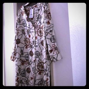 Silky print pearls button down dress